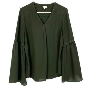 Pixley Bell Sleeve V Neck Studded Blouse Green